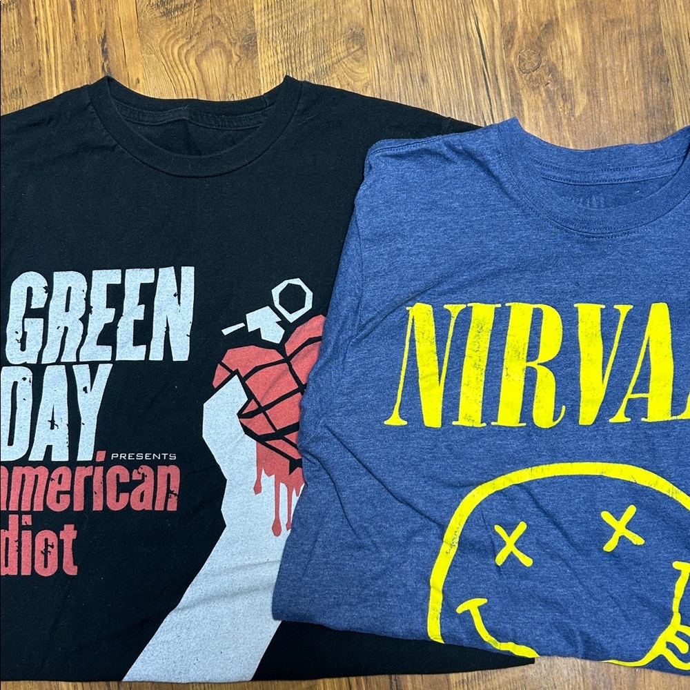 NIRVANA Blue and Yellow 
Green day black Sm Tee
